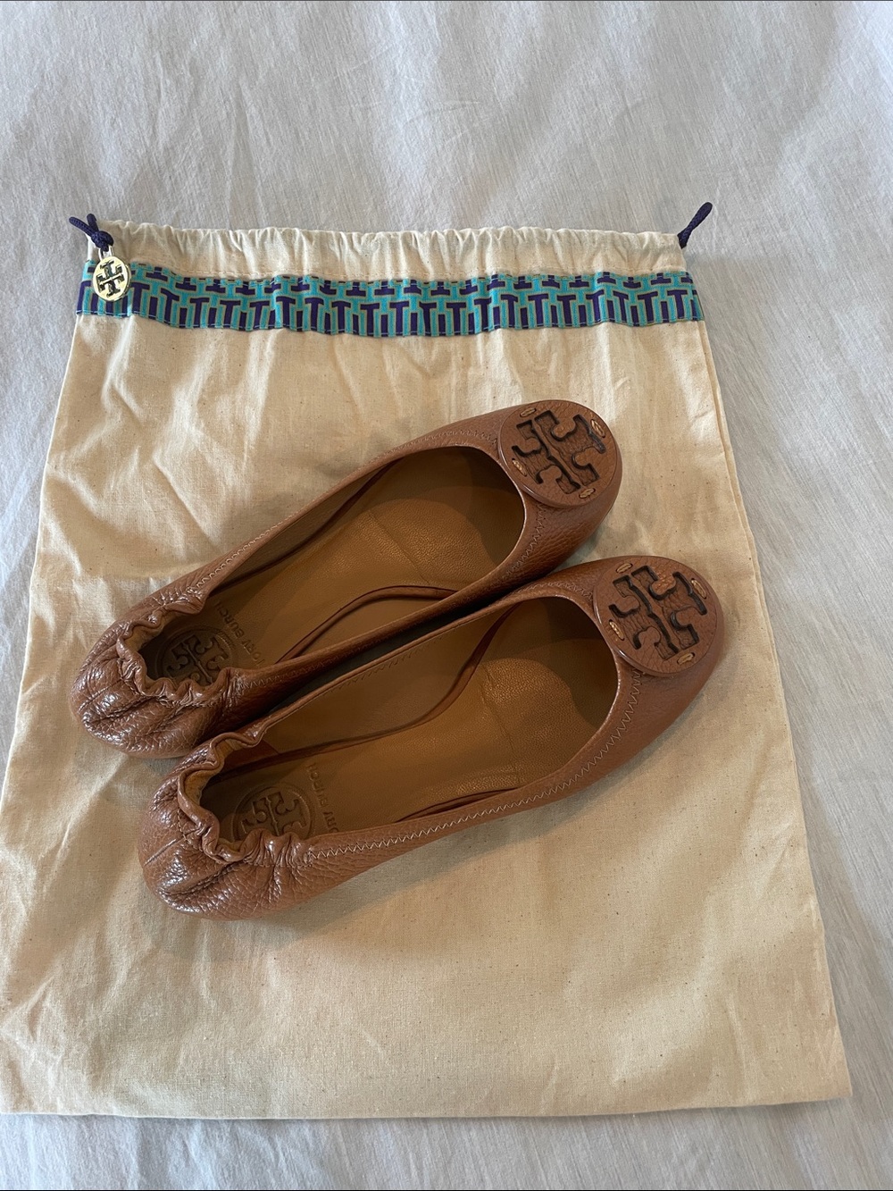 Tory Burch Chestnut Leather Logo Ballet Flats